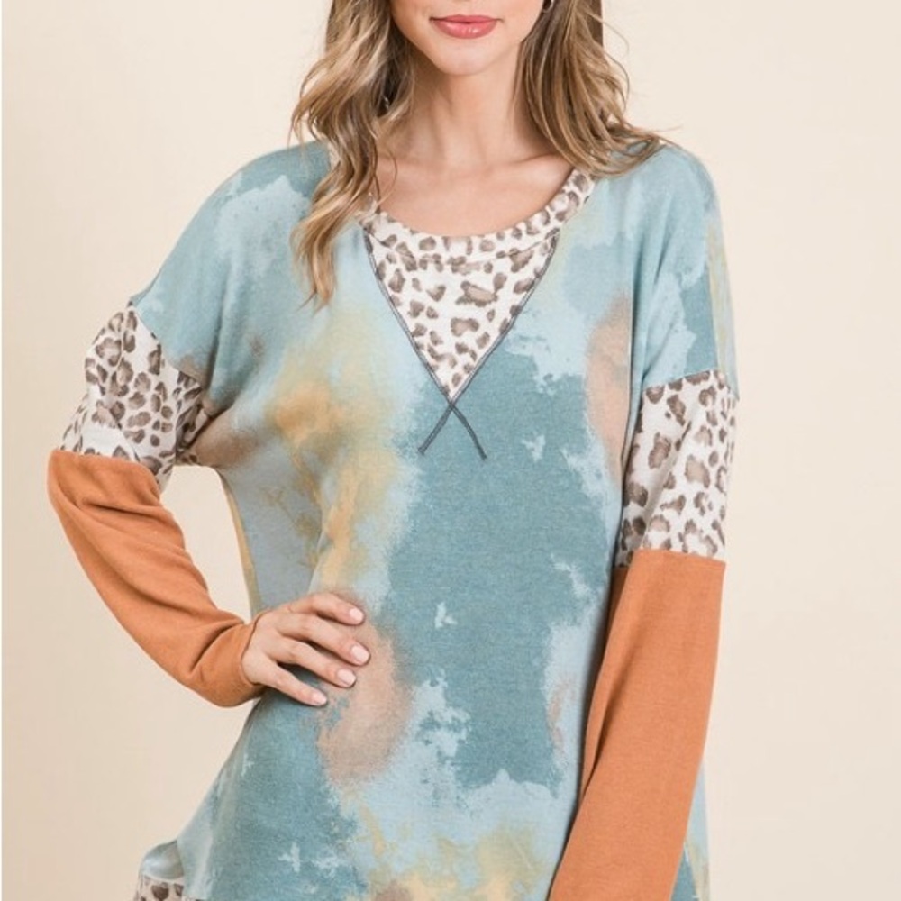 Tie-Dye Leopard Terry Round Neck Long Sleeve T-Shirt - Picture 2 of 6